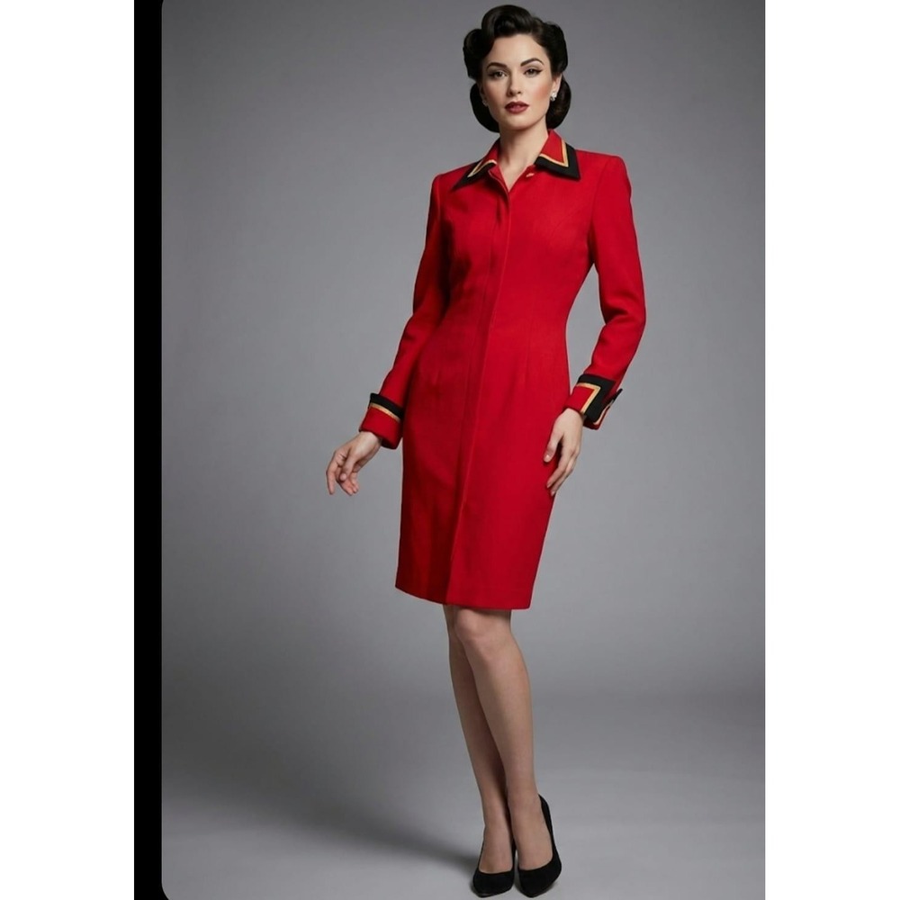 Vintage Richard Warren Dress Womens 4 Red Long Sleeve Contrast Collar Cuffs 80s
